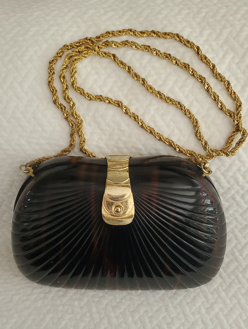 Vintage Tortoise Shell Bag With Gold Clasp and Strap